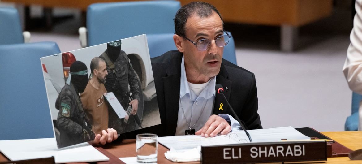 Former hostage Eli Sharabi testifying before the UN Security Council